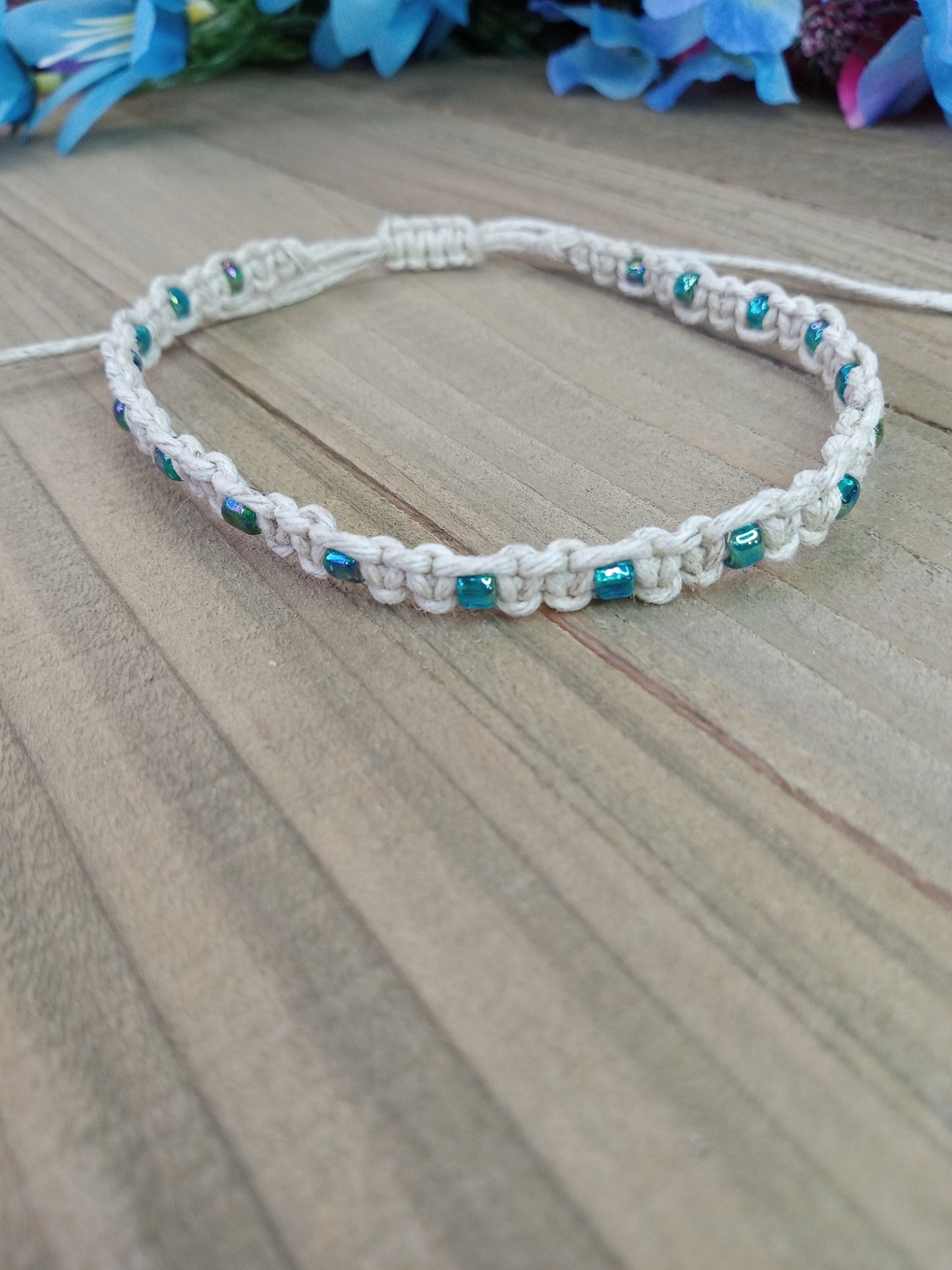 Classic Beaded Anklet - Natural Hemp - Blue-Green Beads