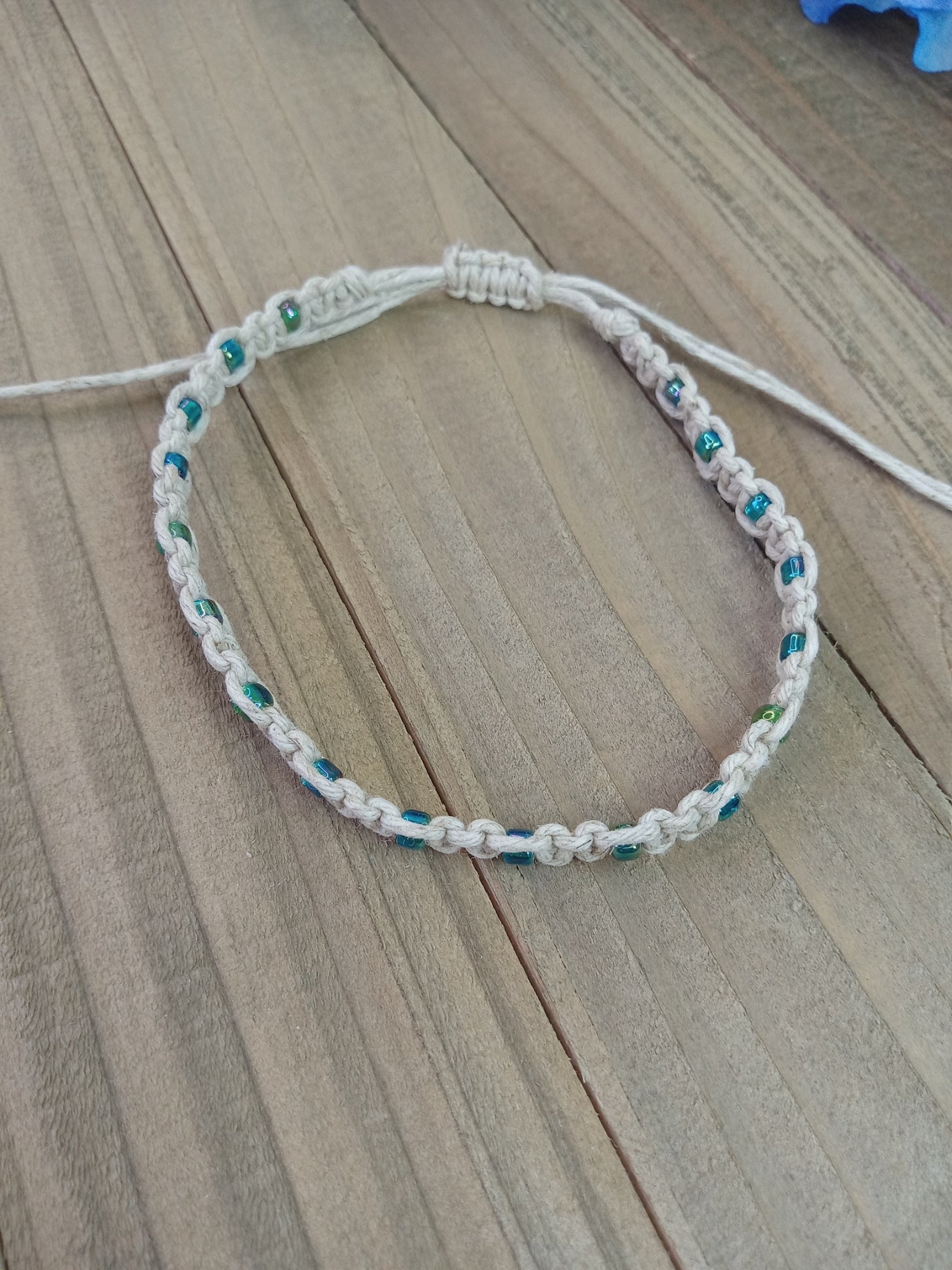 Classic Beaded Anklet - Natural Hemp - Blue-Green Beads