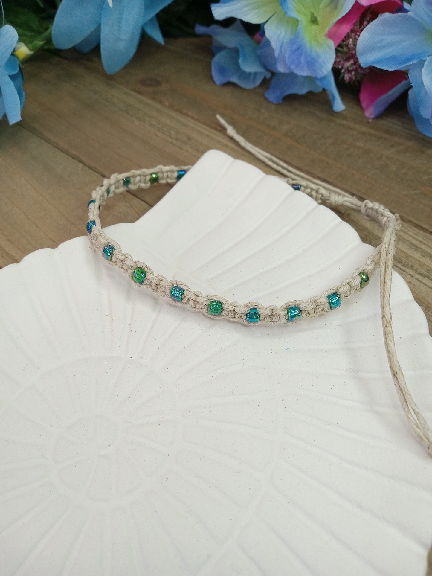 Classic Beaded Anklet - Natural Hemp - Blue-Green Beads