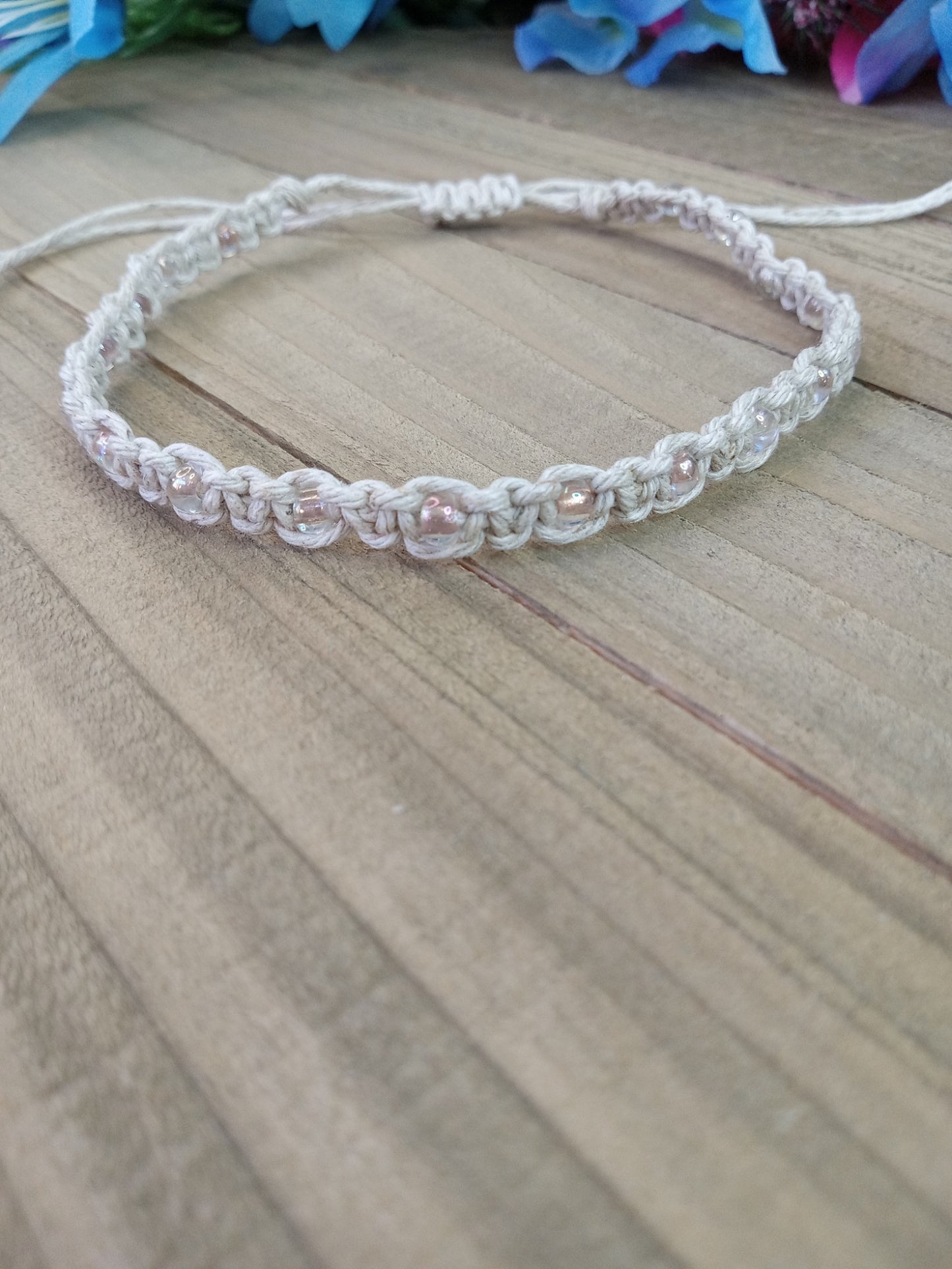 Classic Beaded Anklet - Natural Hemp - Pale Pink AB Beads