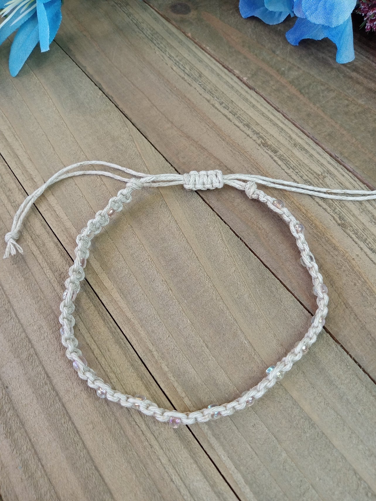 Classic Beaded Anklet - Natural Hemp - Pale Pink AB Beads