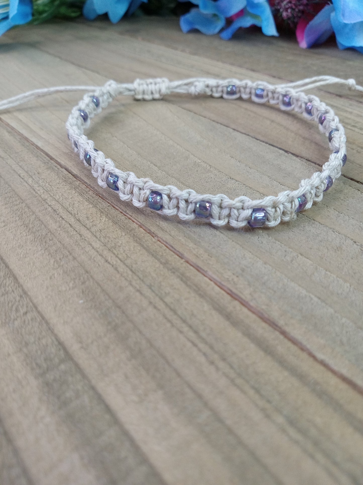 Classic Beaded Anklet - Natural Hemp - Light Purple AB Beads