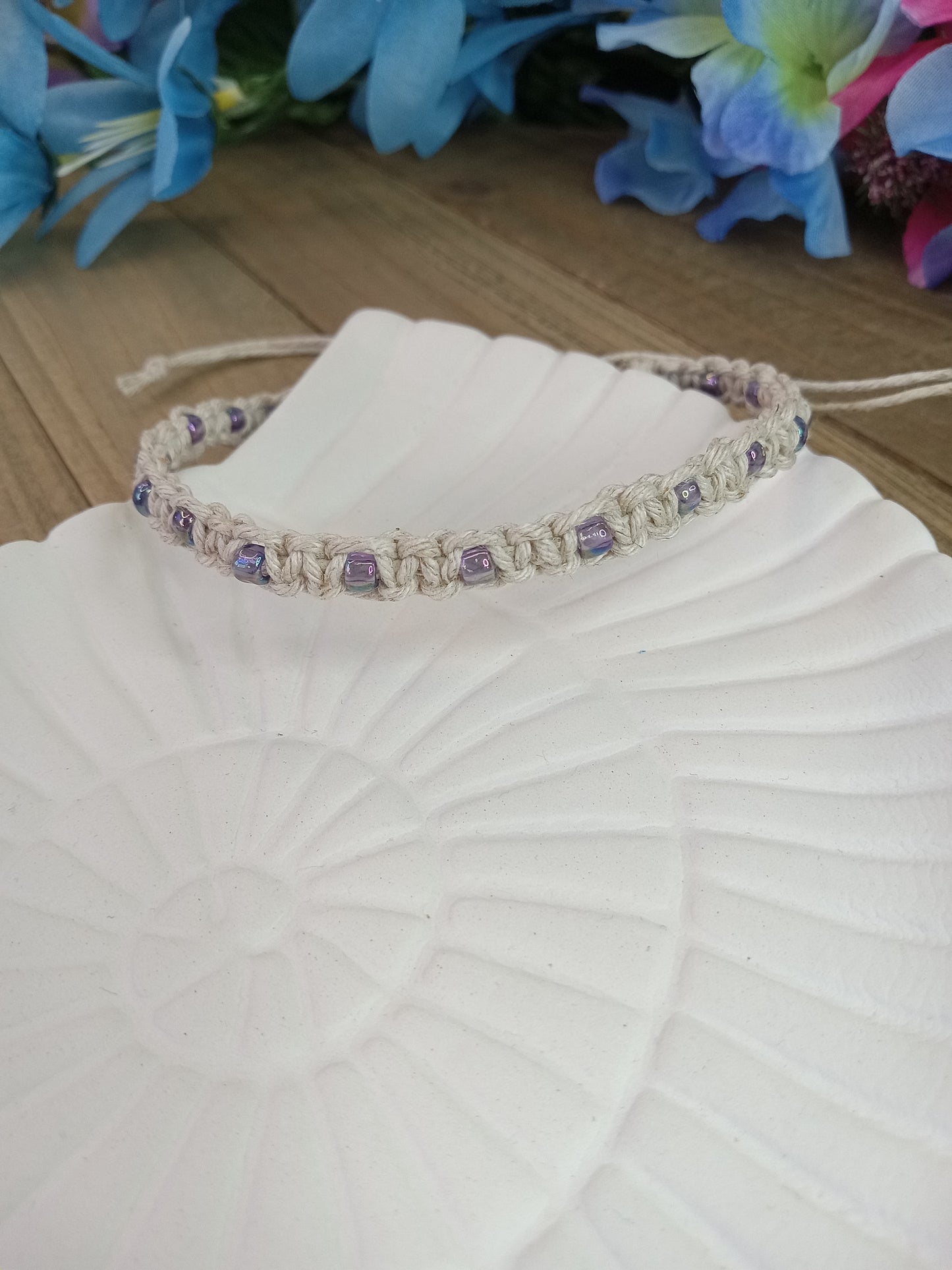 Classic Beaded Anklet - Natural Hemp - Light Purple AB Beads