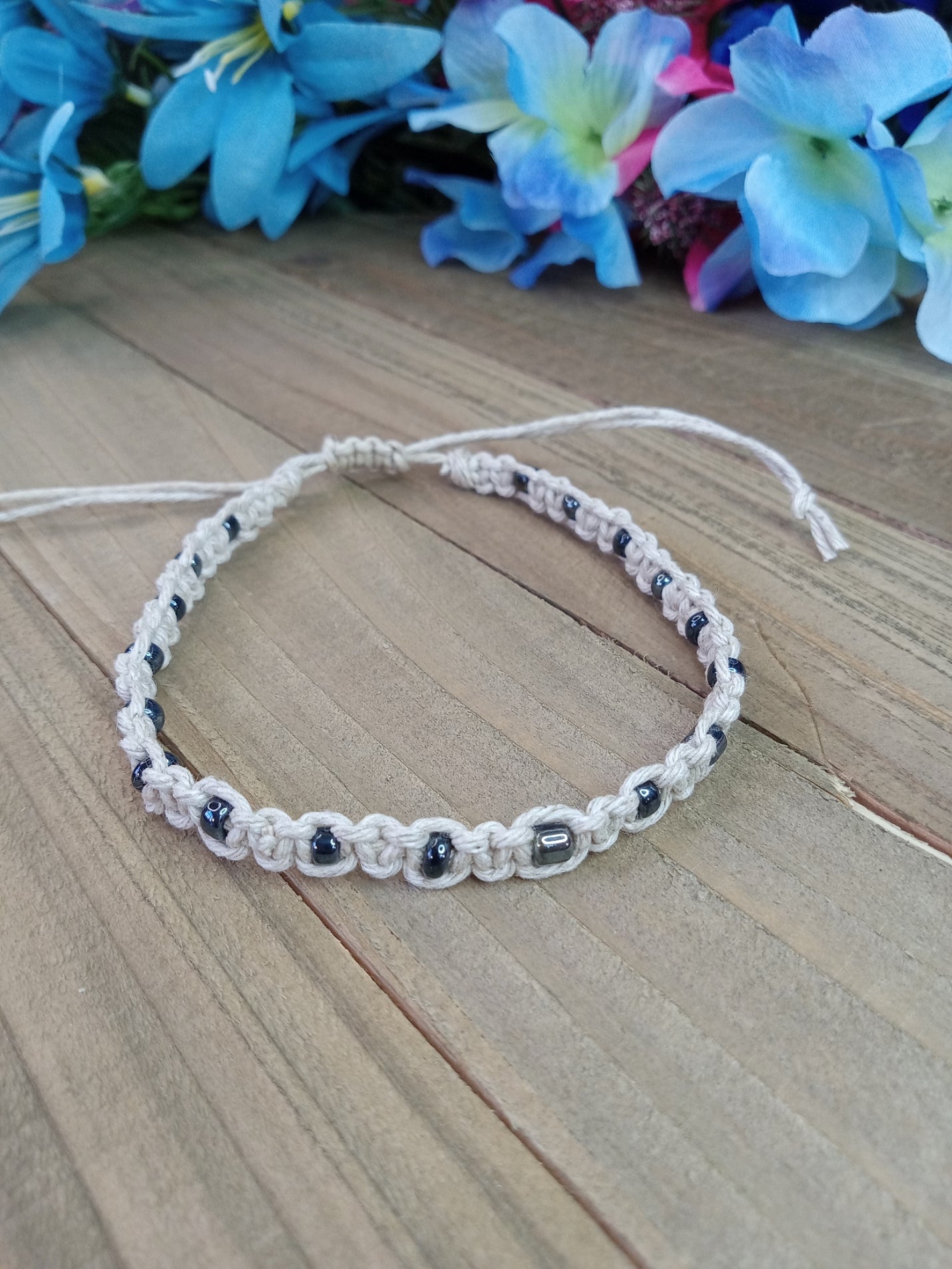 Classic Beaded Anklet - Natural Hemp - Hematite Beads