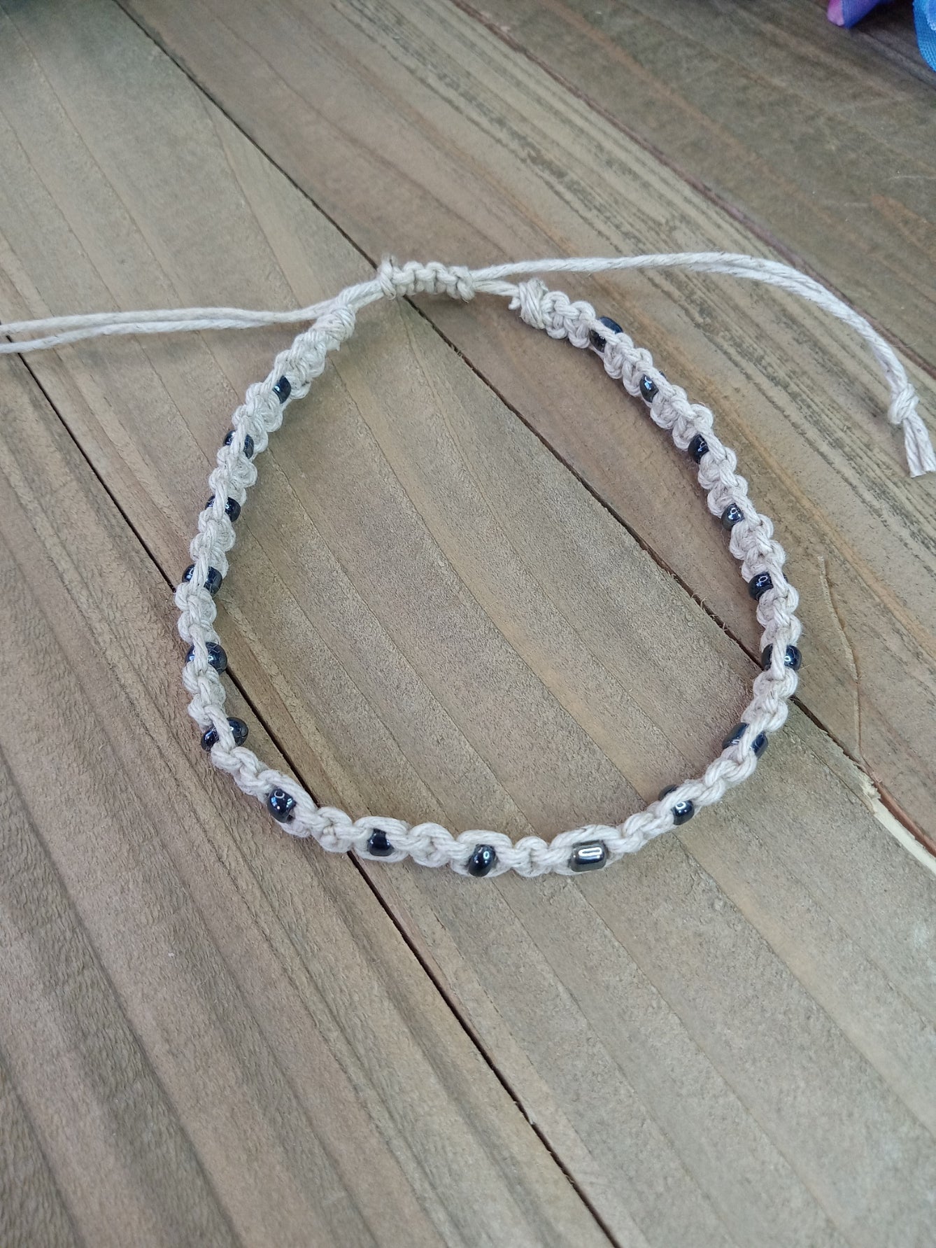 Classic Beaded Anklet - Natural Hemp - Hematite Beads