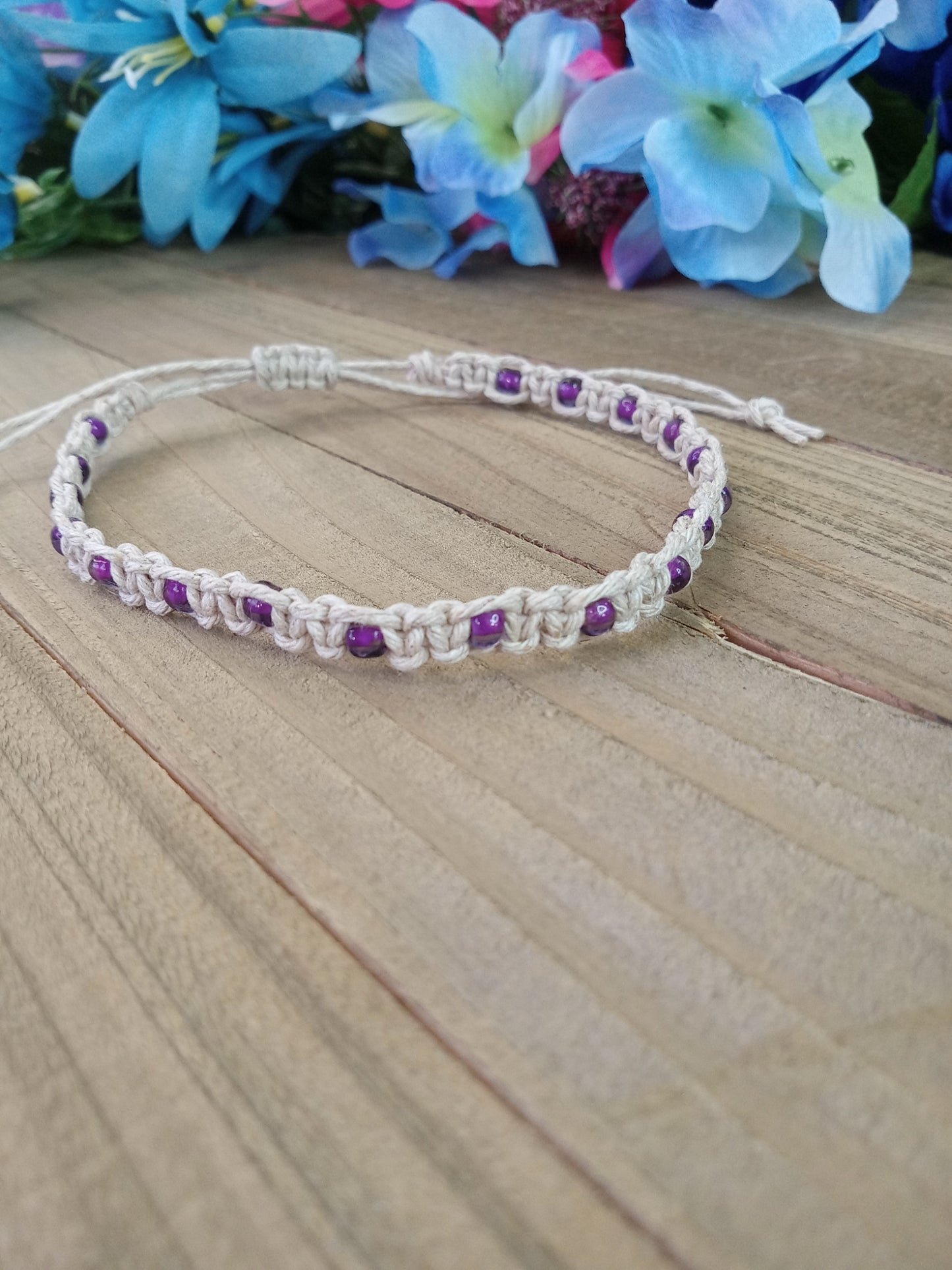 Classic Beaded Anklet - Natural Hemp - Purple Beads