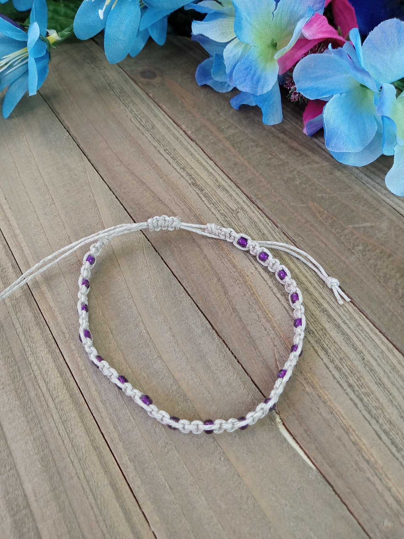 Classic Beaded Anklet - Natural Hemp - Purple Beads