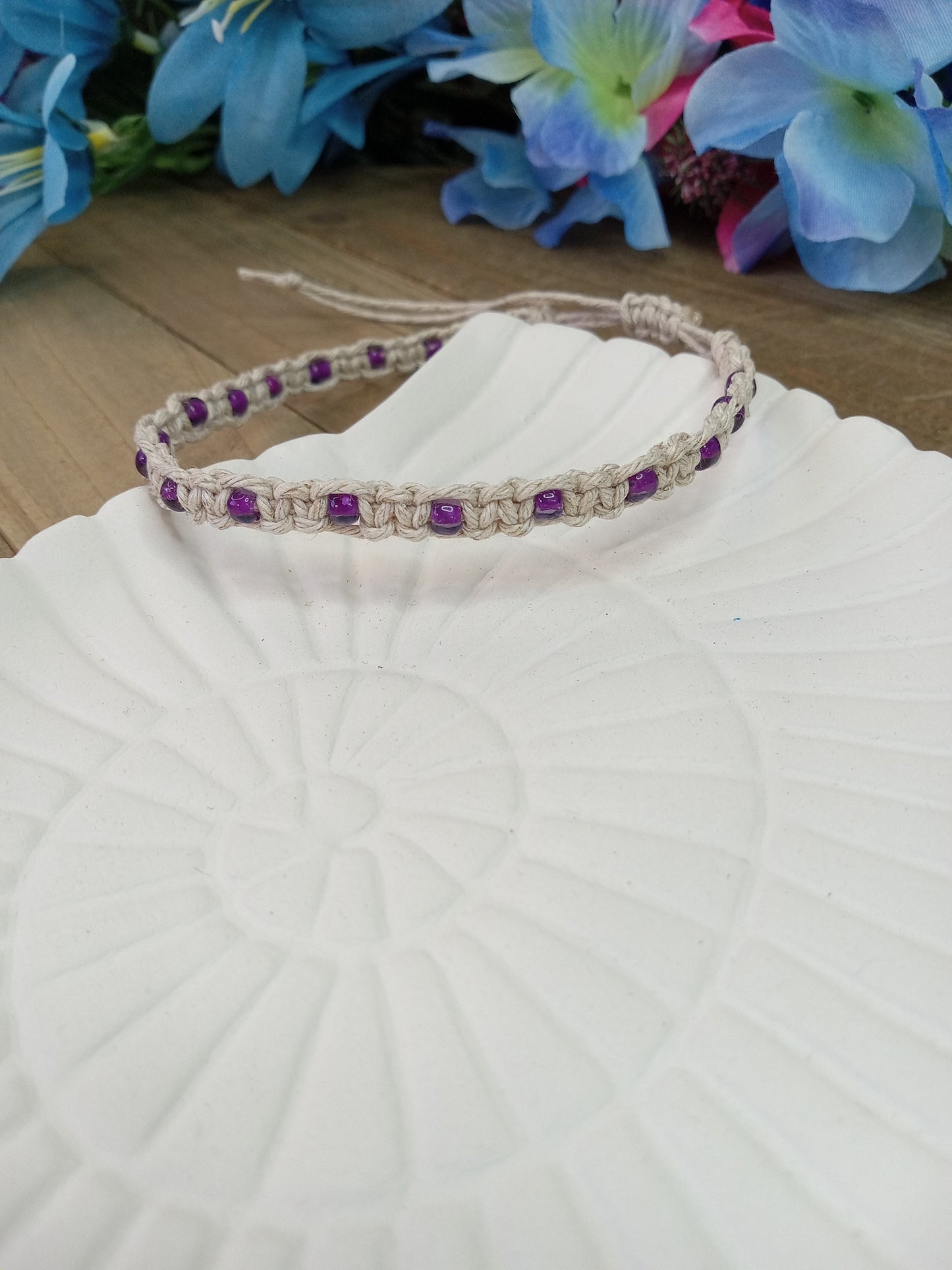 Classic Beaded Anklet - Natural Hemp - Purple Beads