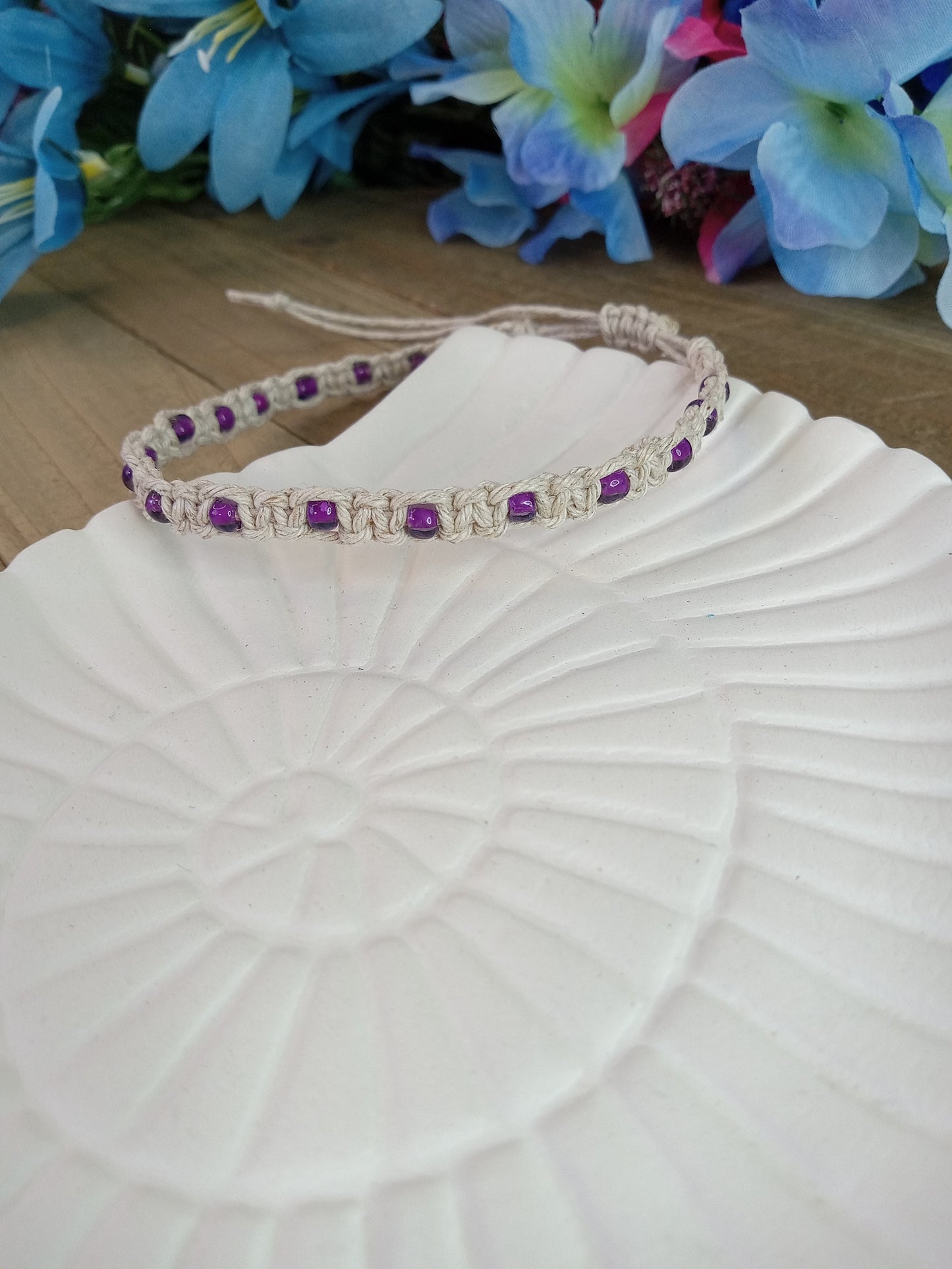 Classic Beaded Anklet - Natural Hemp - Purple Beads