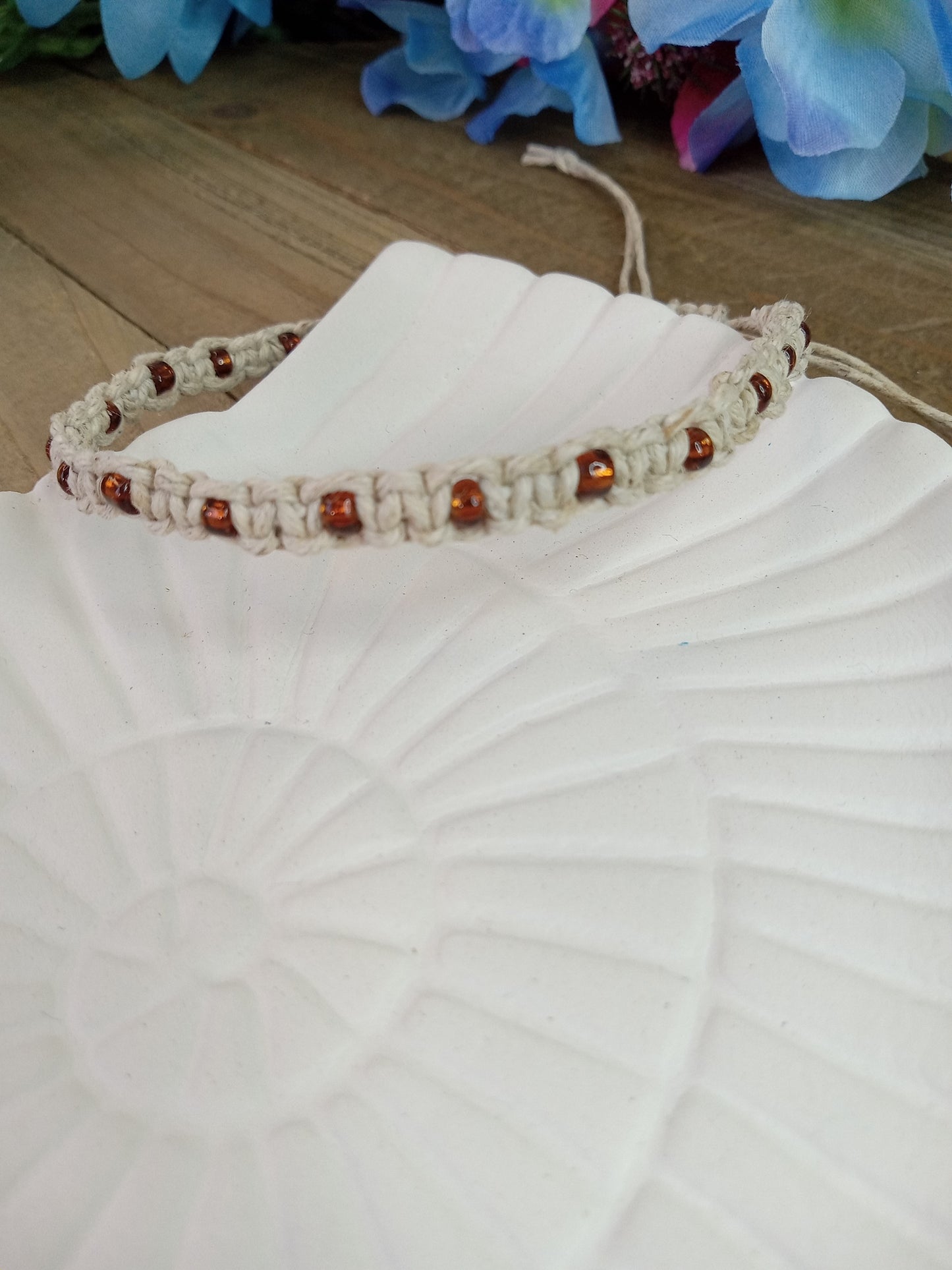 Classic Beaded Anklet - Natural Hemp - Copper Colored Beads