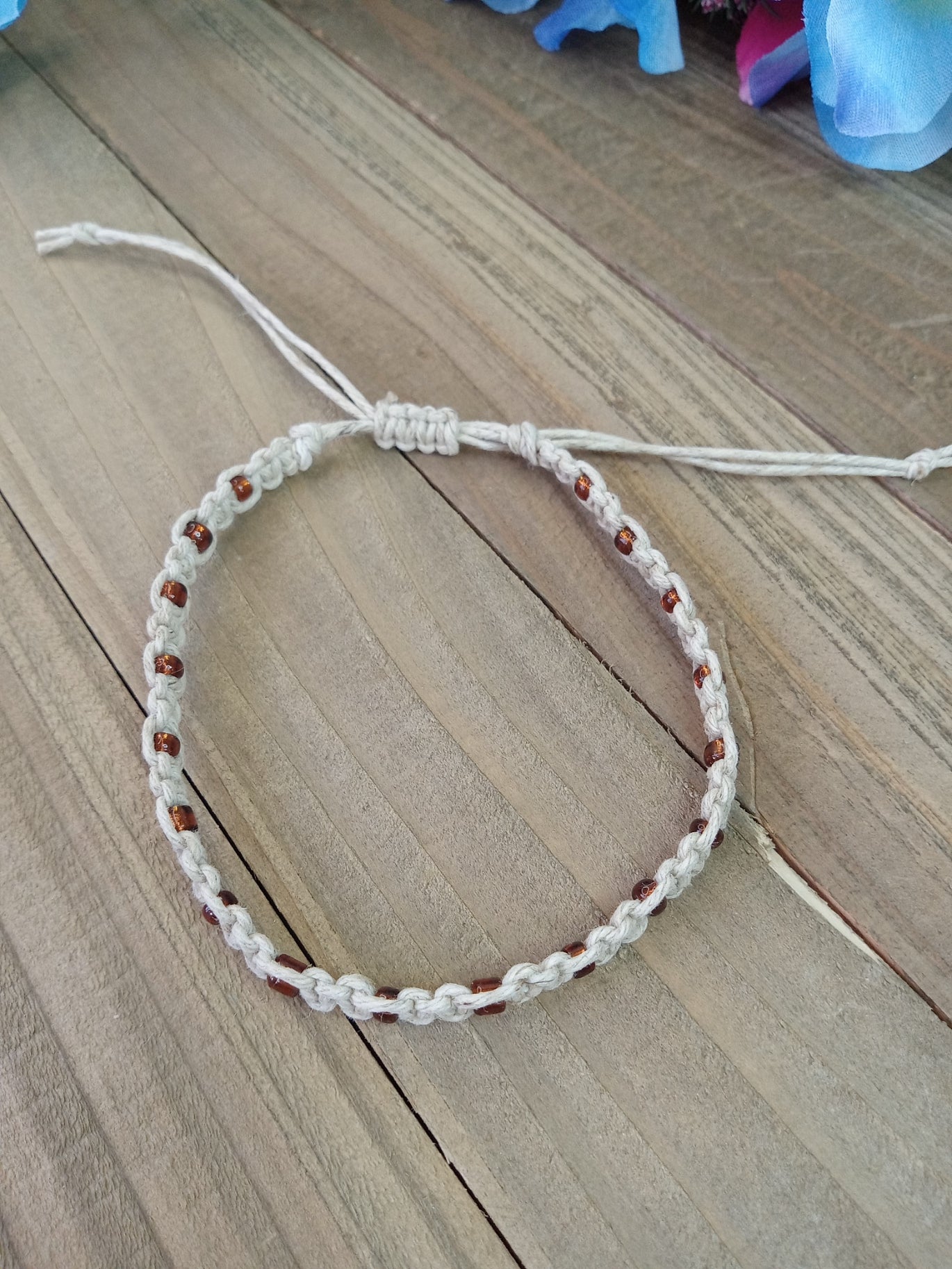 Classic Beaded Anklet - Natural Hemp - Copper Colored Beads