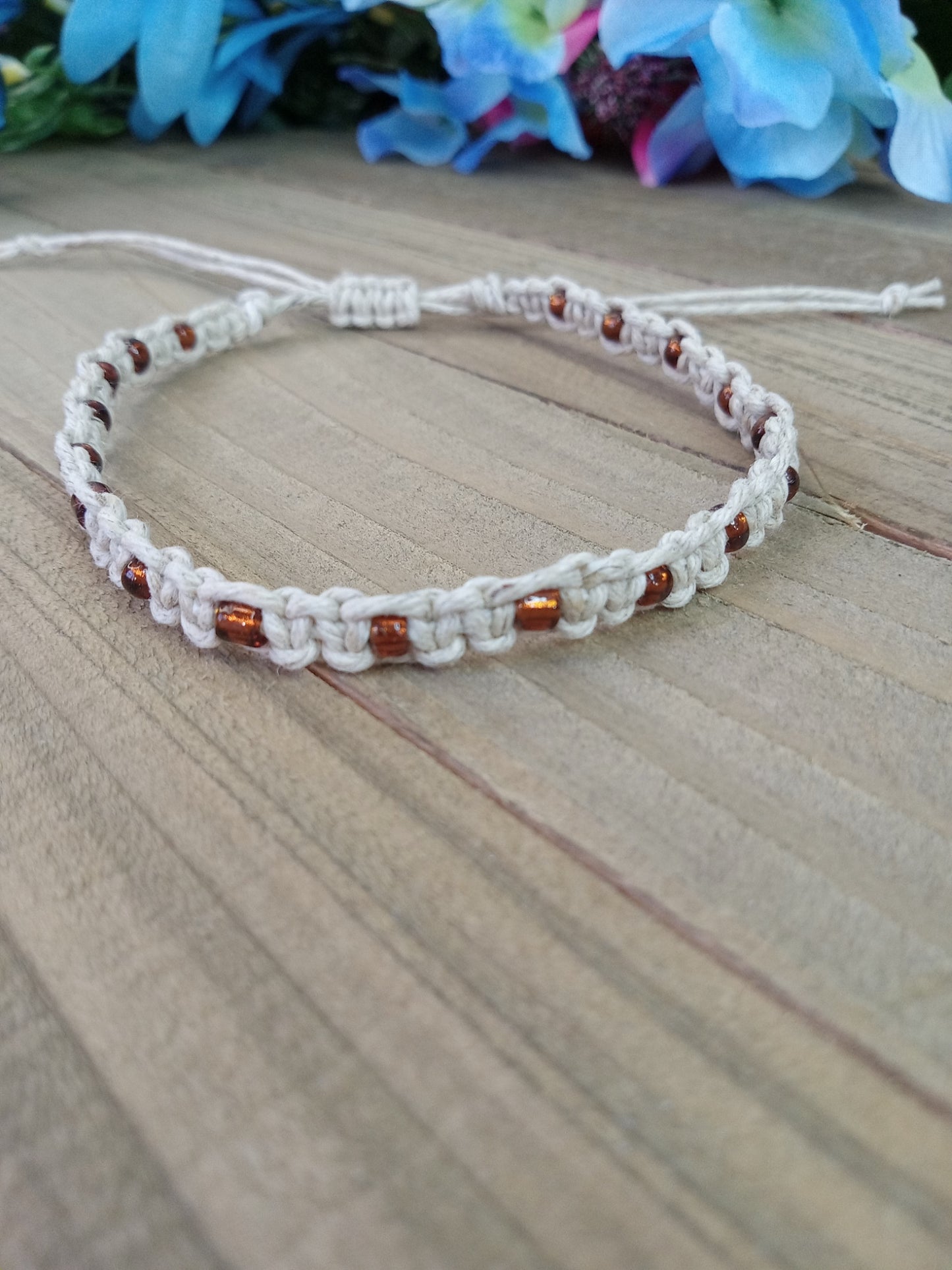 Classic Beaded Anklet - Natural Hemp - Copper Colored Beads