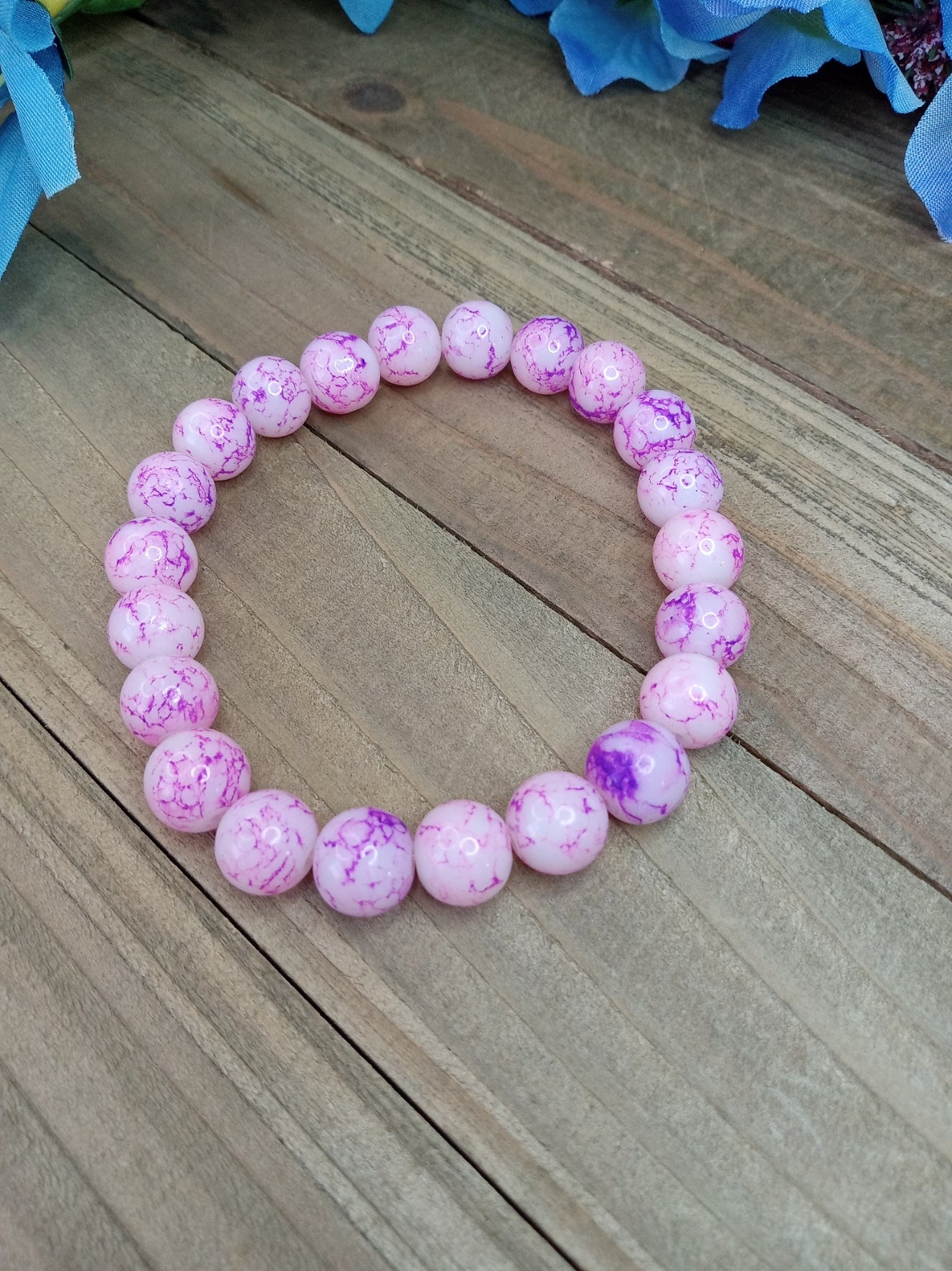 Glass Bead Bracelet - Marbled Pink and Purple