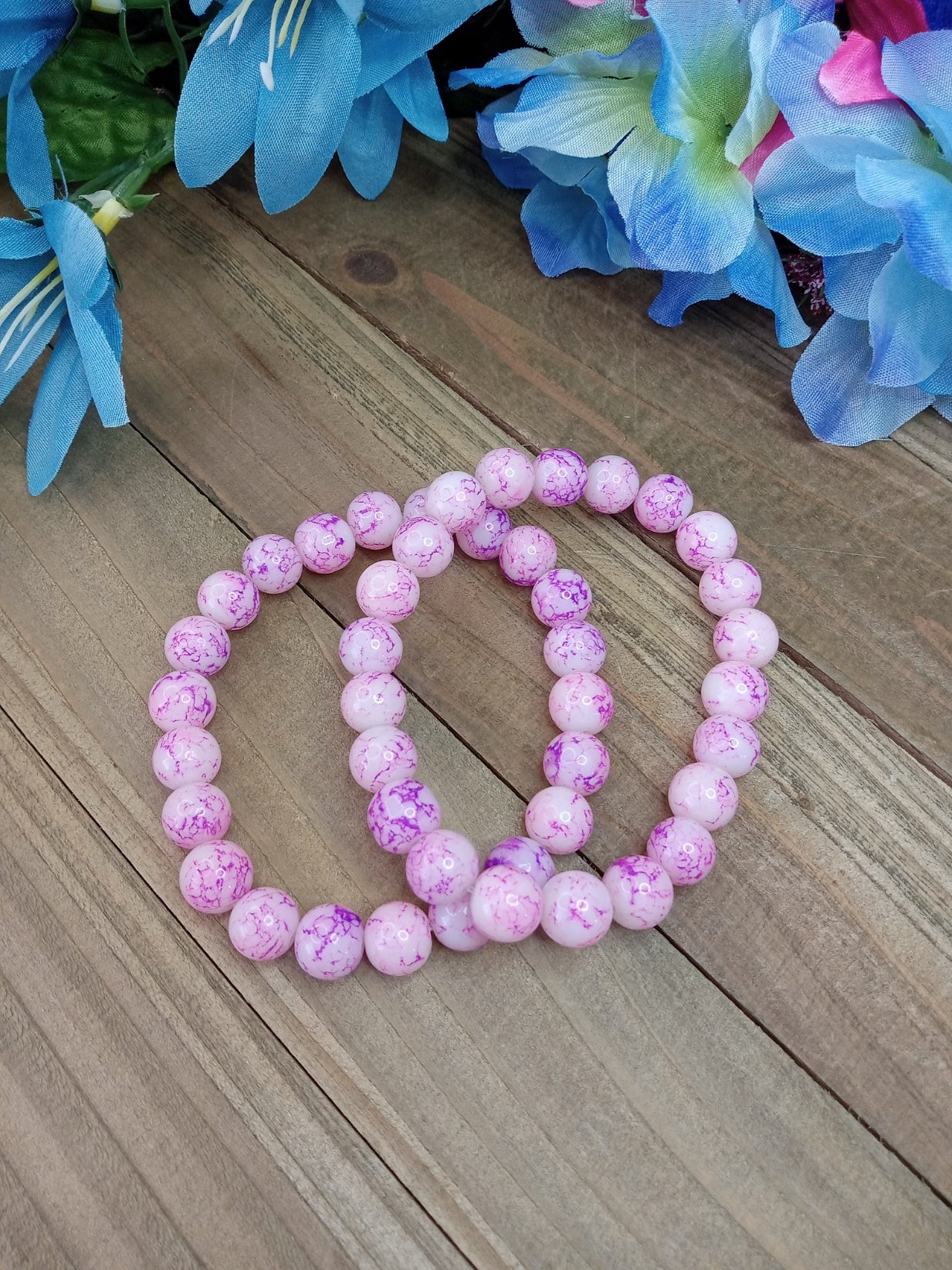 Glass Bead Bracelet - Marbled Pink and Purple