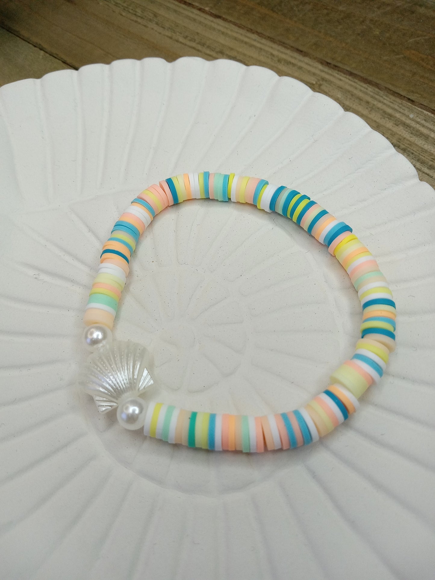 Clay Bead Bracelet - Tropical Sunset with Pearly Shell