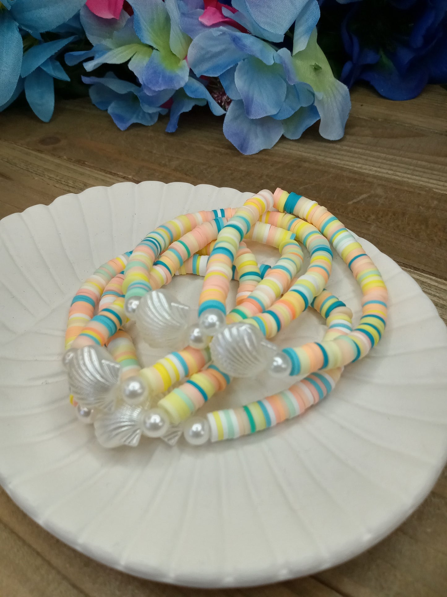 Clay Bead Bracelet - Tropical Sunset with Pearly Shell