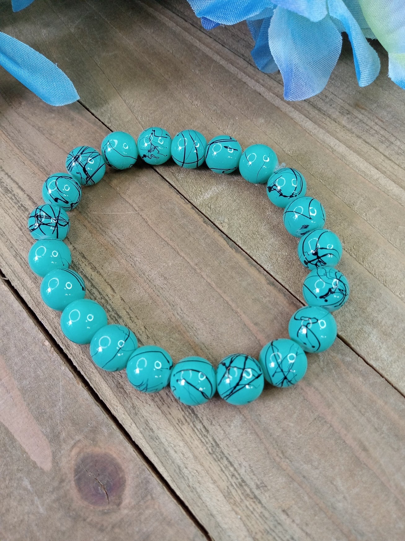 Glass Bead Bracelet - Striped Turquoise