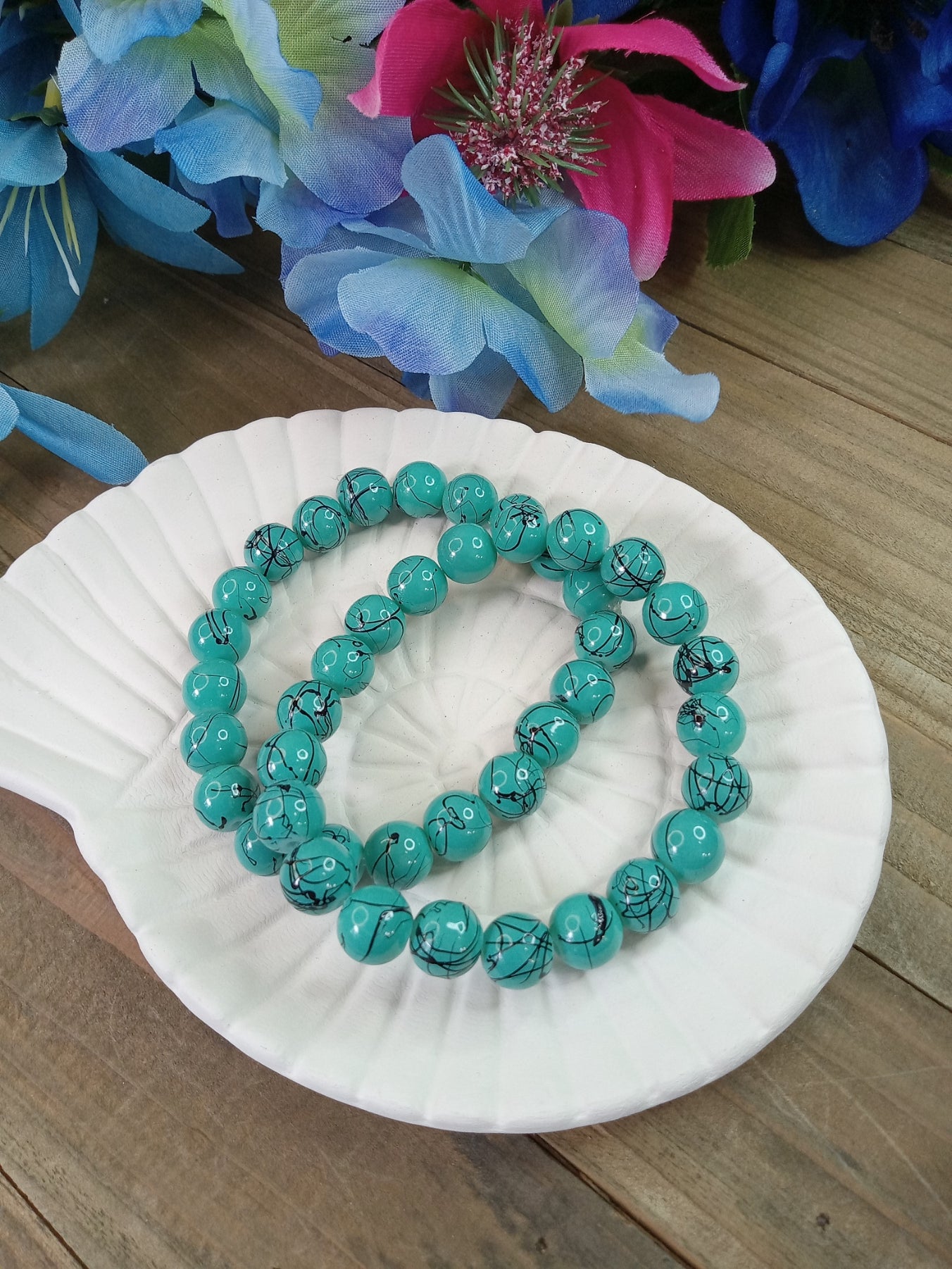 Glass Bead Bracelet - Striped Turquoise