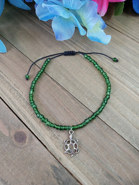 Anklet - Adjustable Seed Bead - Green - Turtle