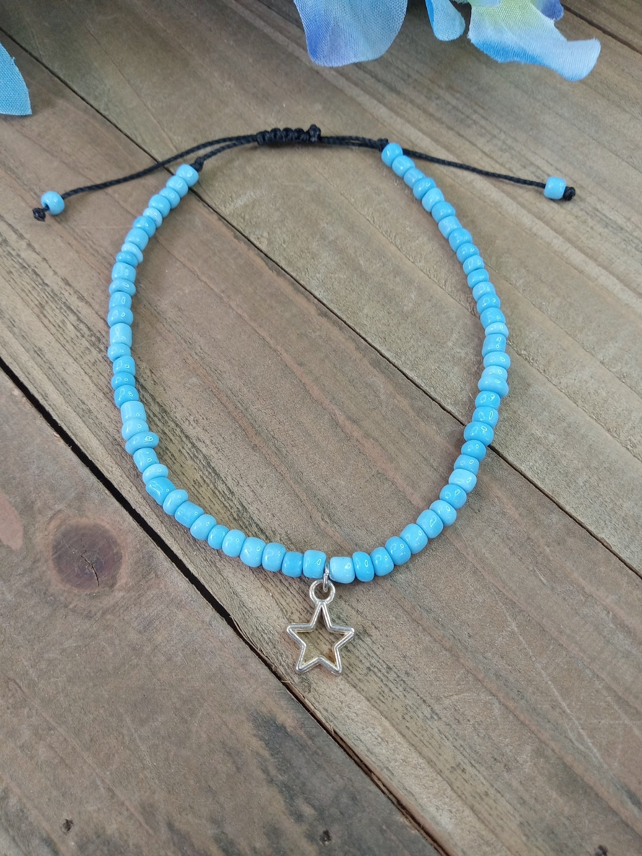 Anklet - Adjustable Seed Bead - Light Blue - Stars