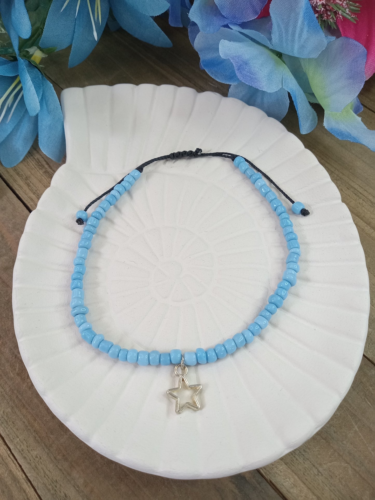 Anklet - Adjustable Seed Bead - Light Blue - Stars