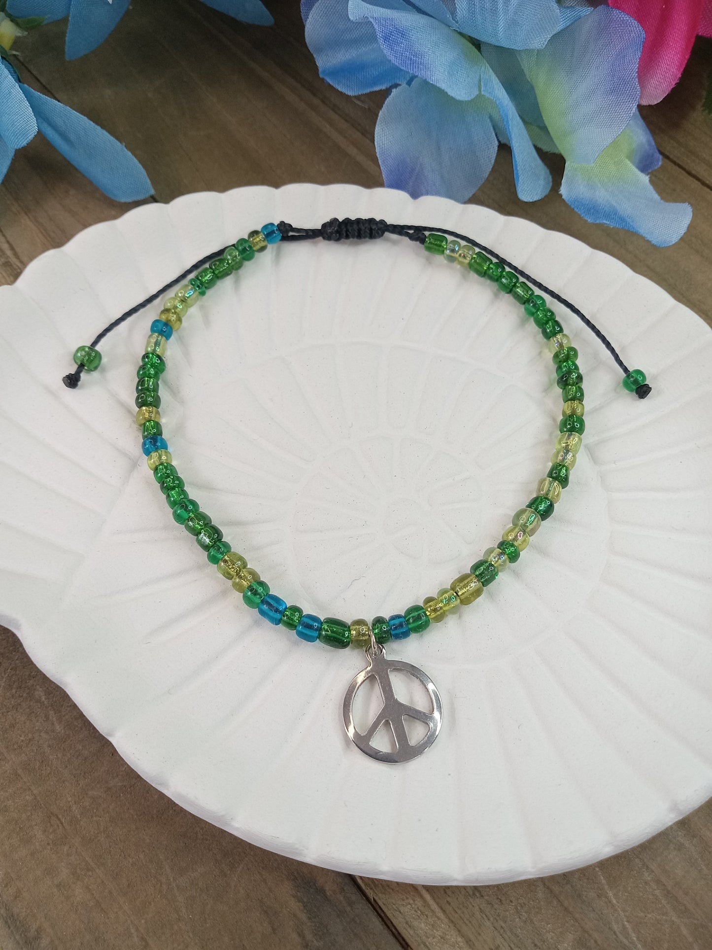 Anklet - Adjustable Seed Bead - Green - Peace Sign