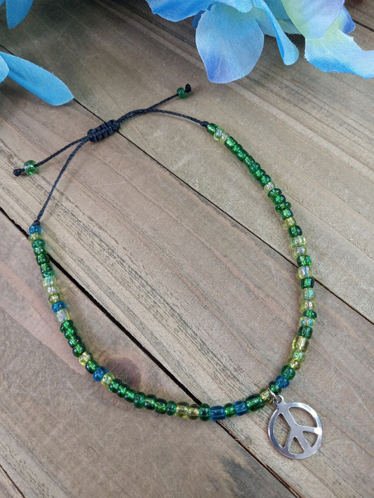 Anklet - Adjustable Seed Bead - Green - Peace Sign