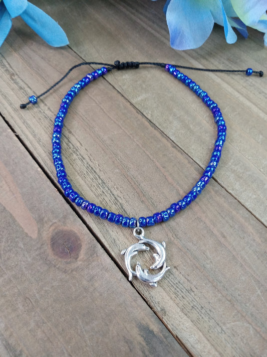 Anklet - Adjustable Seed Bead - Dolphins