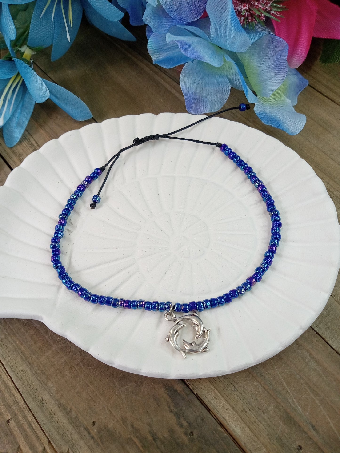 Anklet - Adjustable Seed Bead - Dolphins