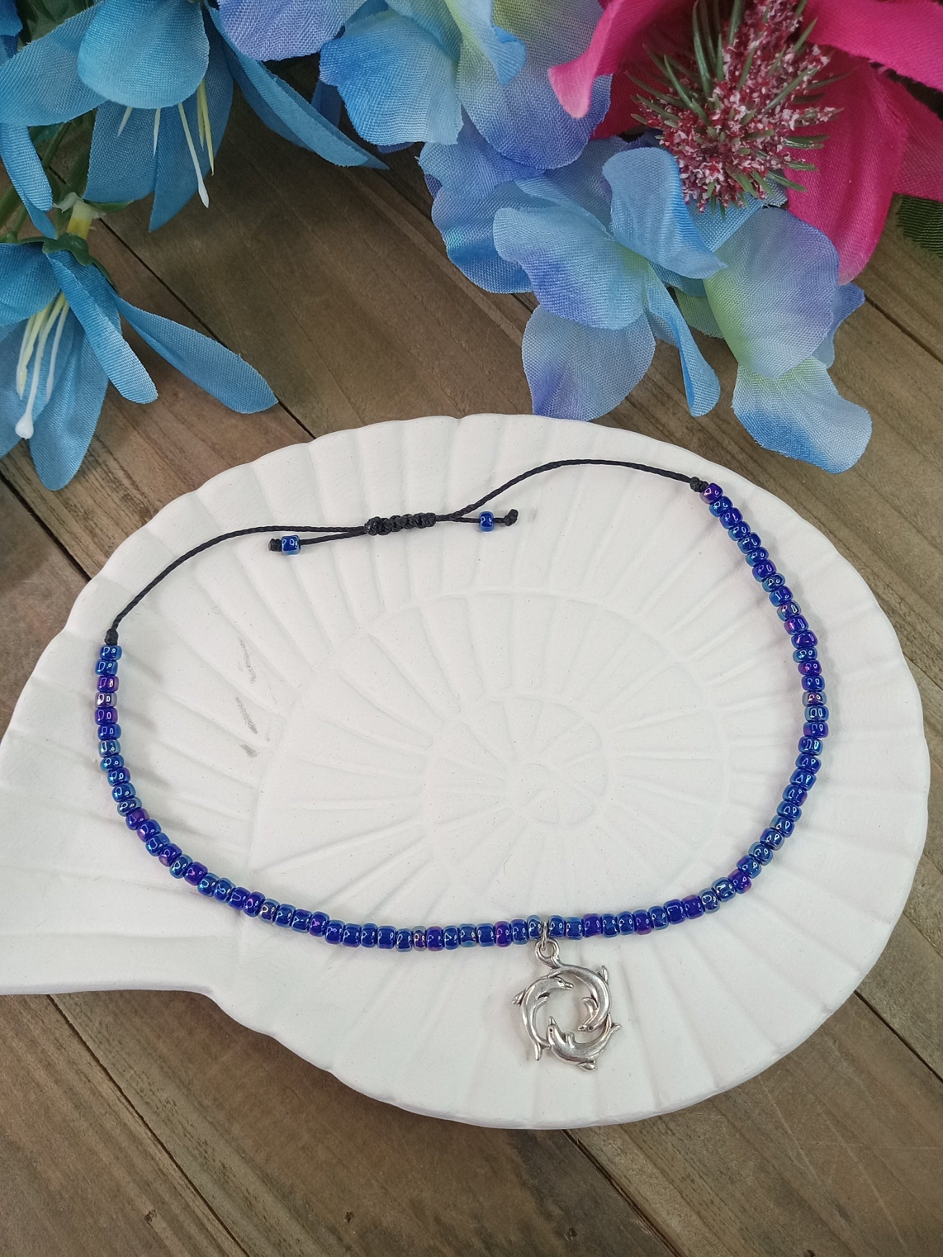 Anklet - Adjustable Seed Bead - Dolphins