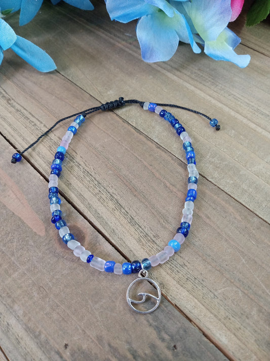 Anklet - Adjustable Seed Bead - Blue Waves