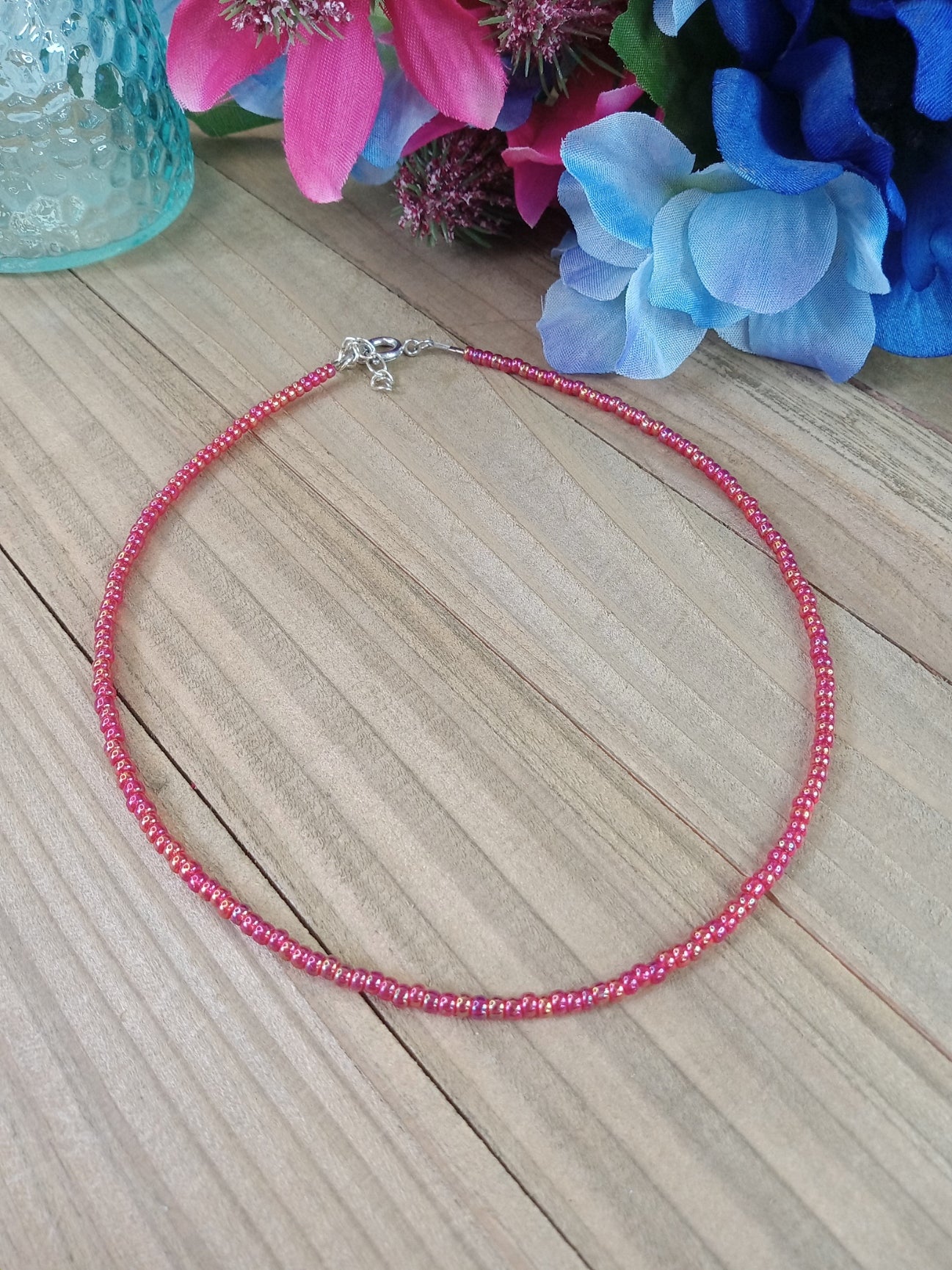 Beaded Choker Necklace - AB Red Beads