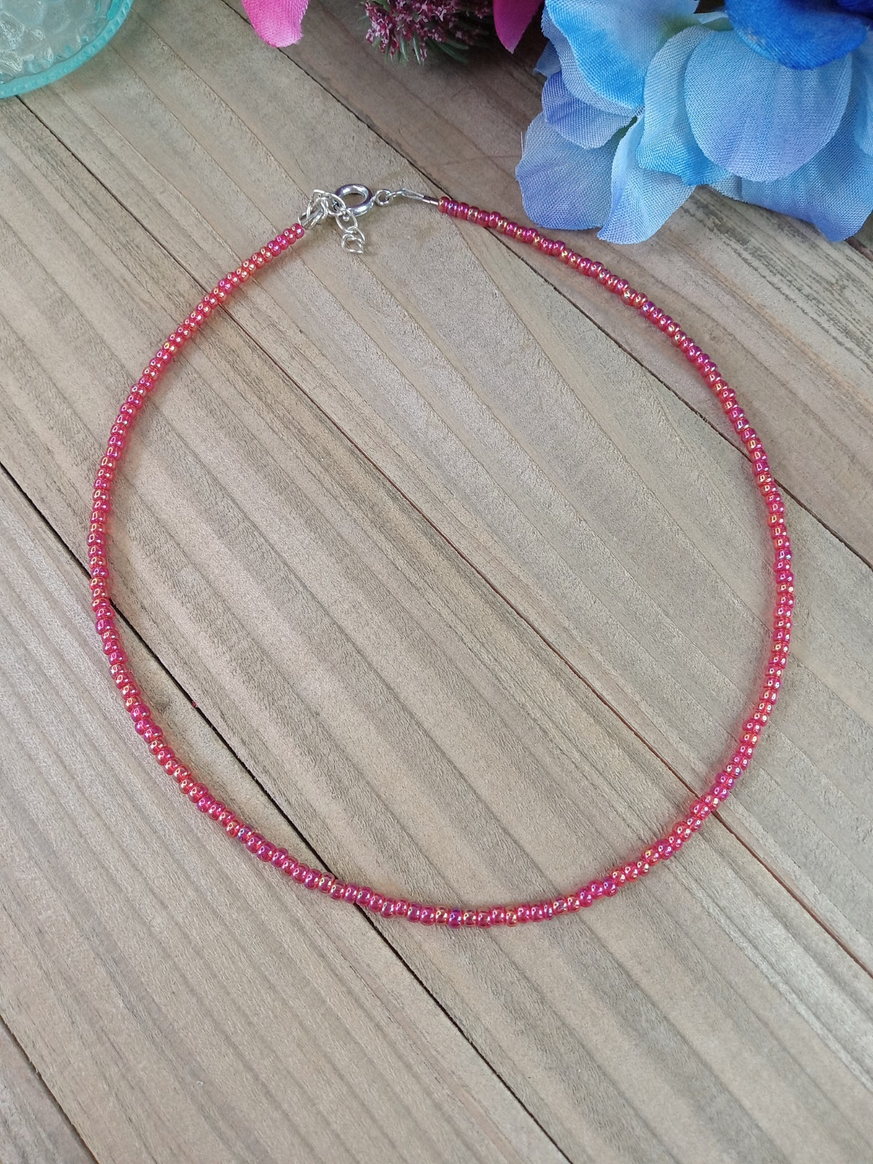 Beaded Choker Necklace - AB Red Beads