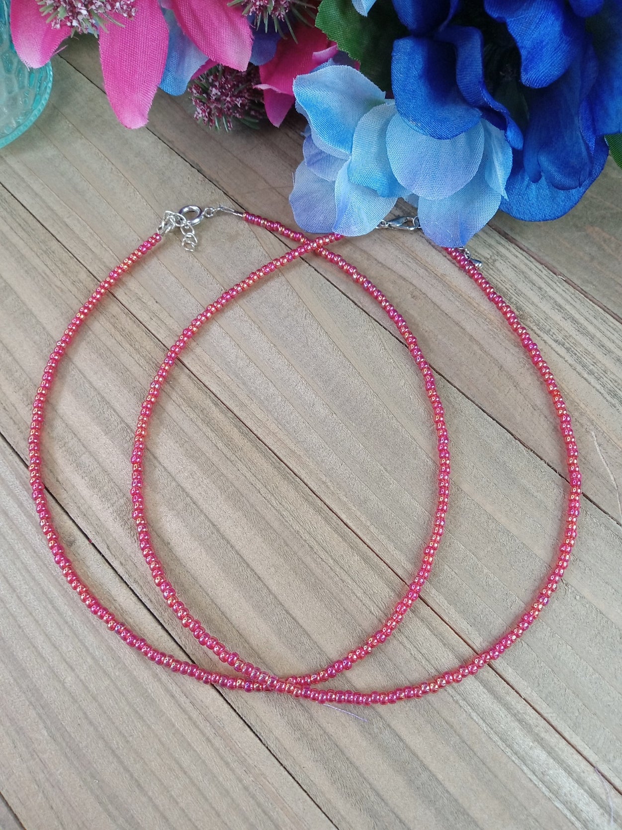 Beaded Choker Necklace - AB Red Beads