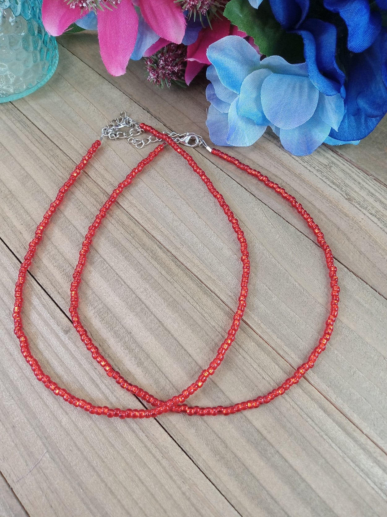 Beaded Choker Necklace - Shiny Red