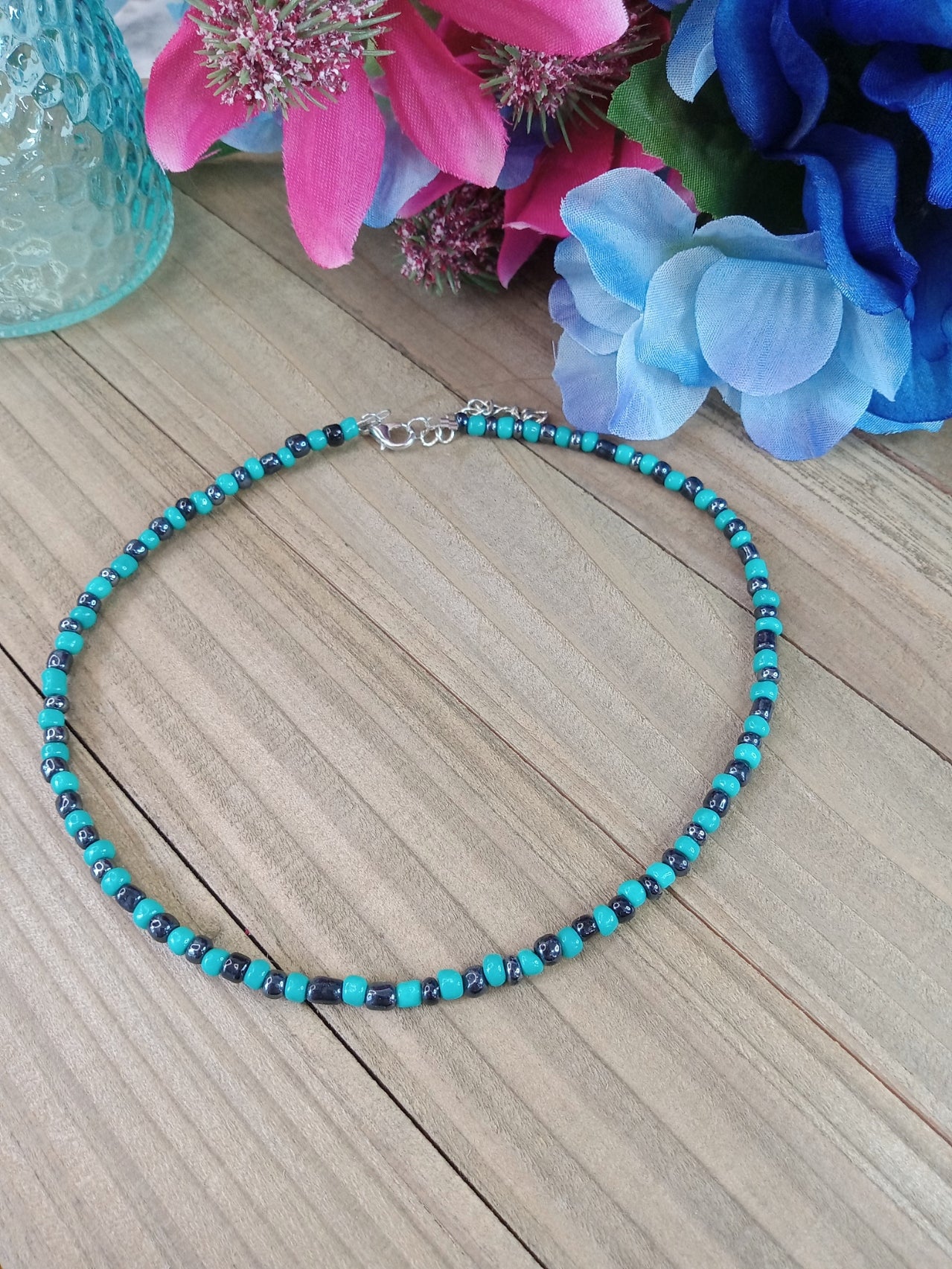 Beaded Choker Necklace - Turquoise and Hematite