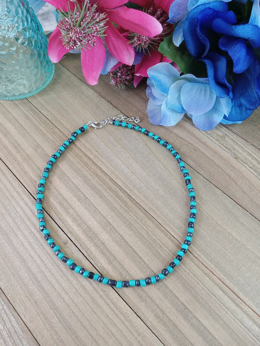 Beaded Choker Necklace - Turquoise and Hematite