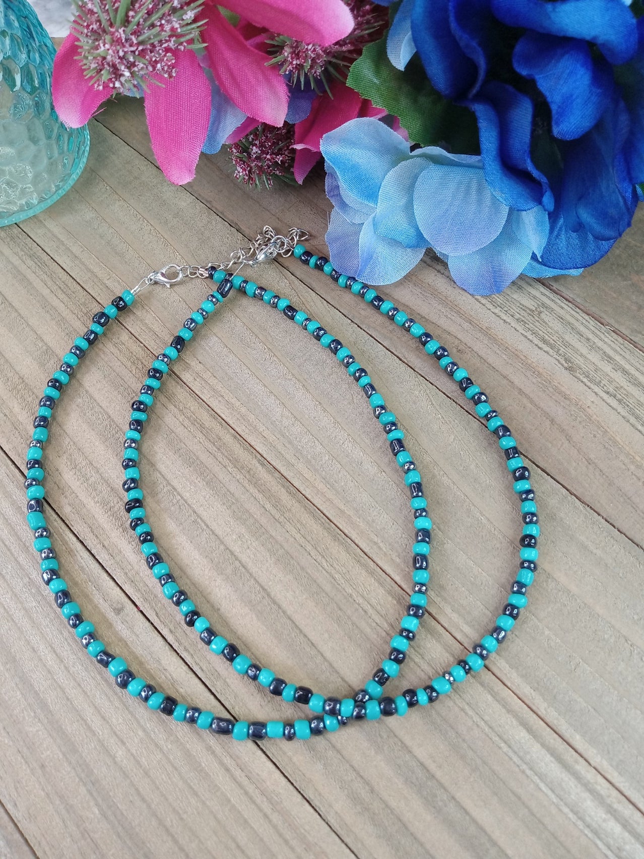 Beaded Choker Necklace - Turquoise and Hematite