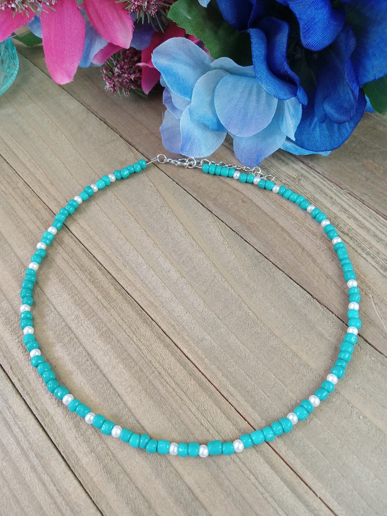 Beaded Choker Necklace - Turquoise and Pearl