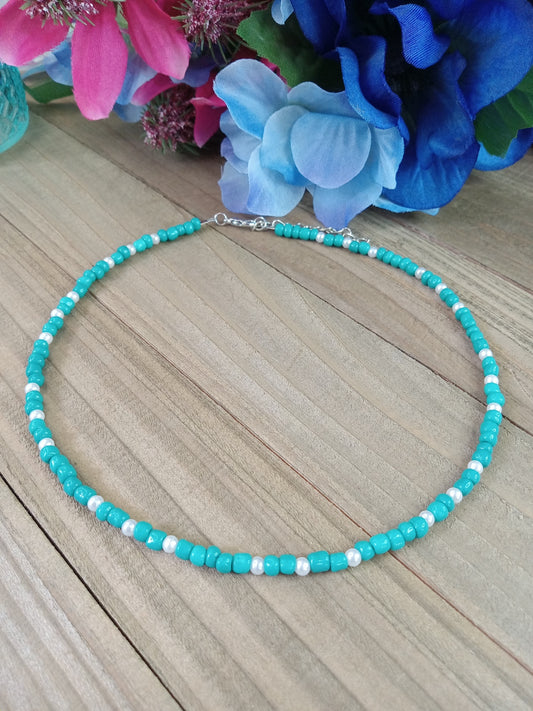 Beaded Choker Necklace - Turquoise and Pearl