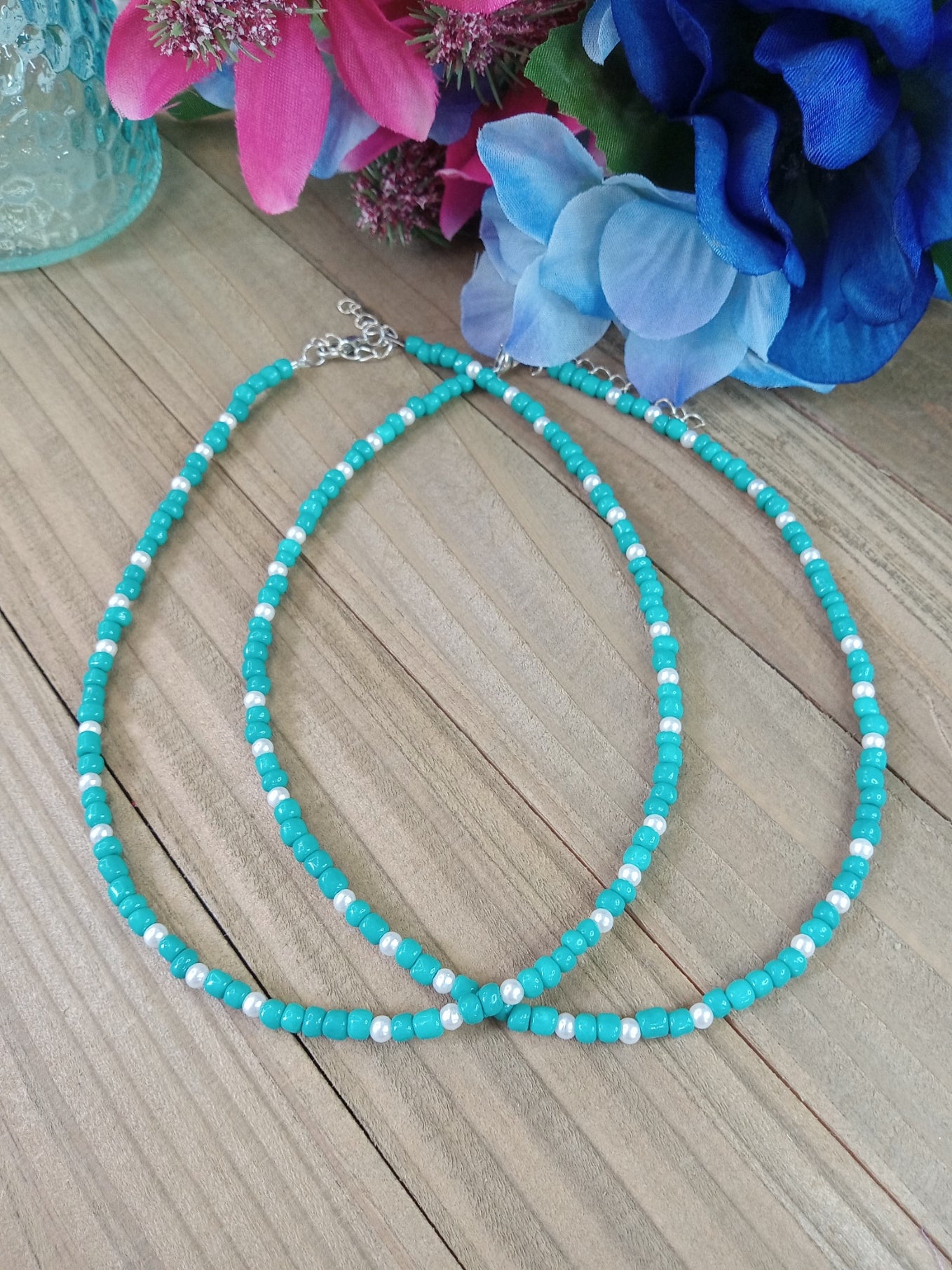 Beaded Choker Necklace - Turquoise and Pearl