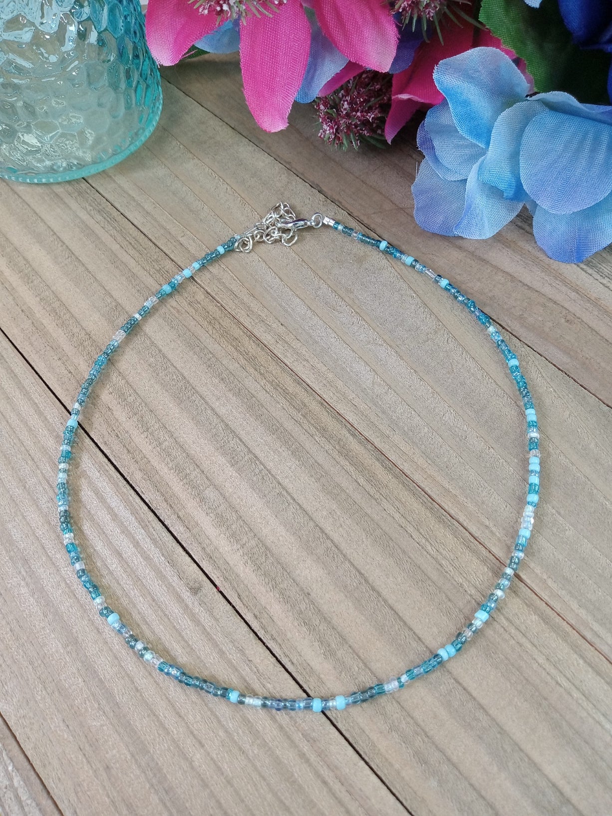 Beaded Choker Necklace - Beach Blues