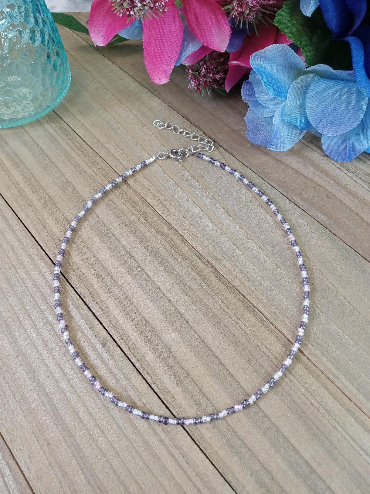 Beaded Choker Necklace - Pink and Purple