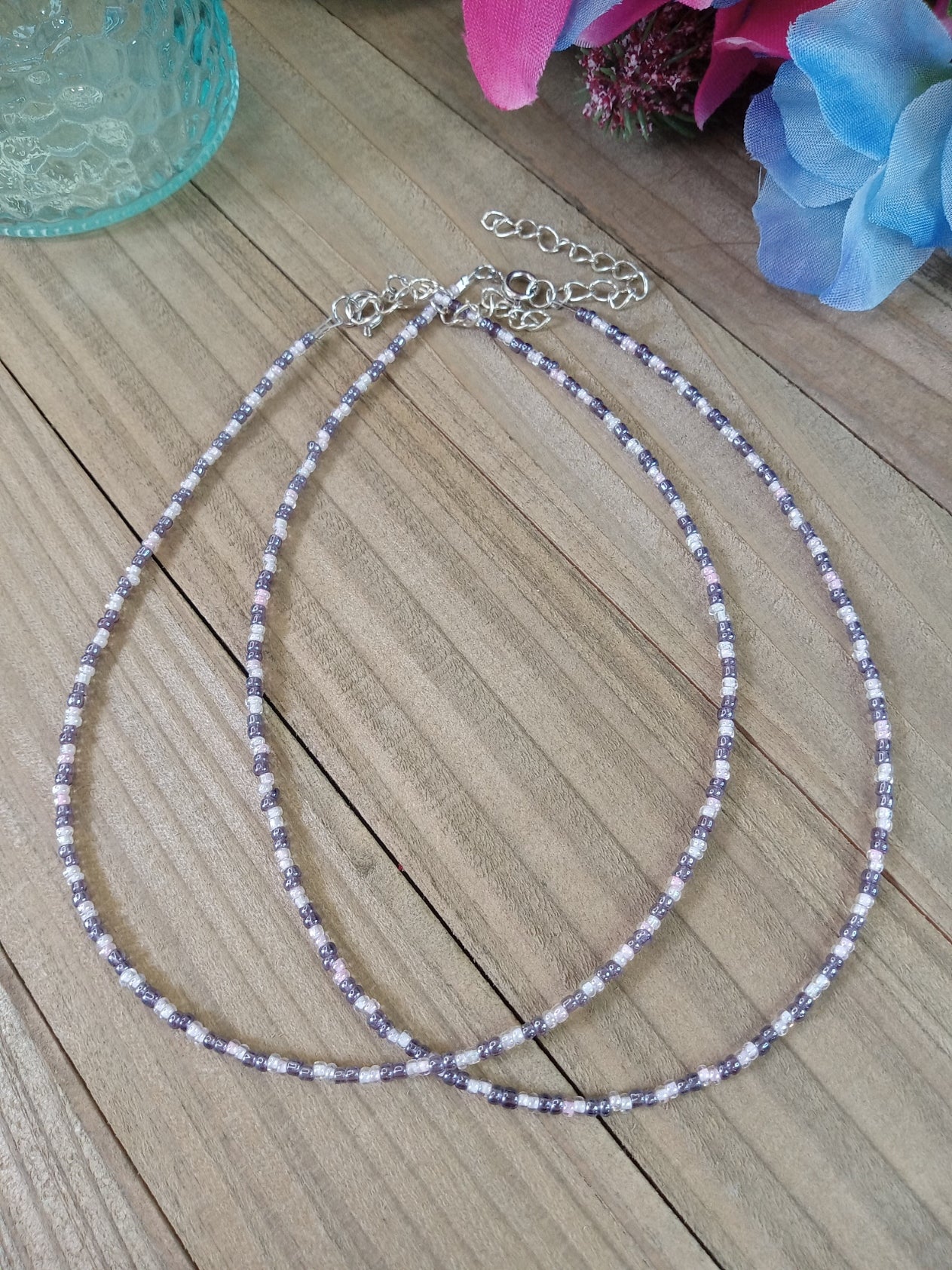 Beaded Choker Necklace - Pink and Purple