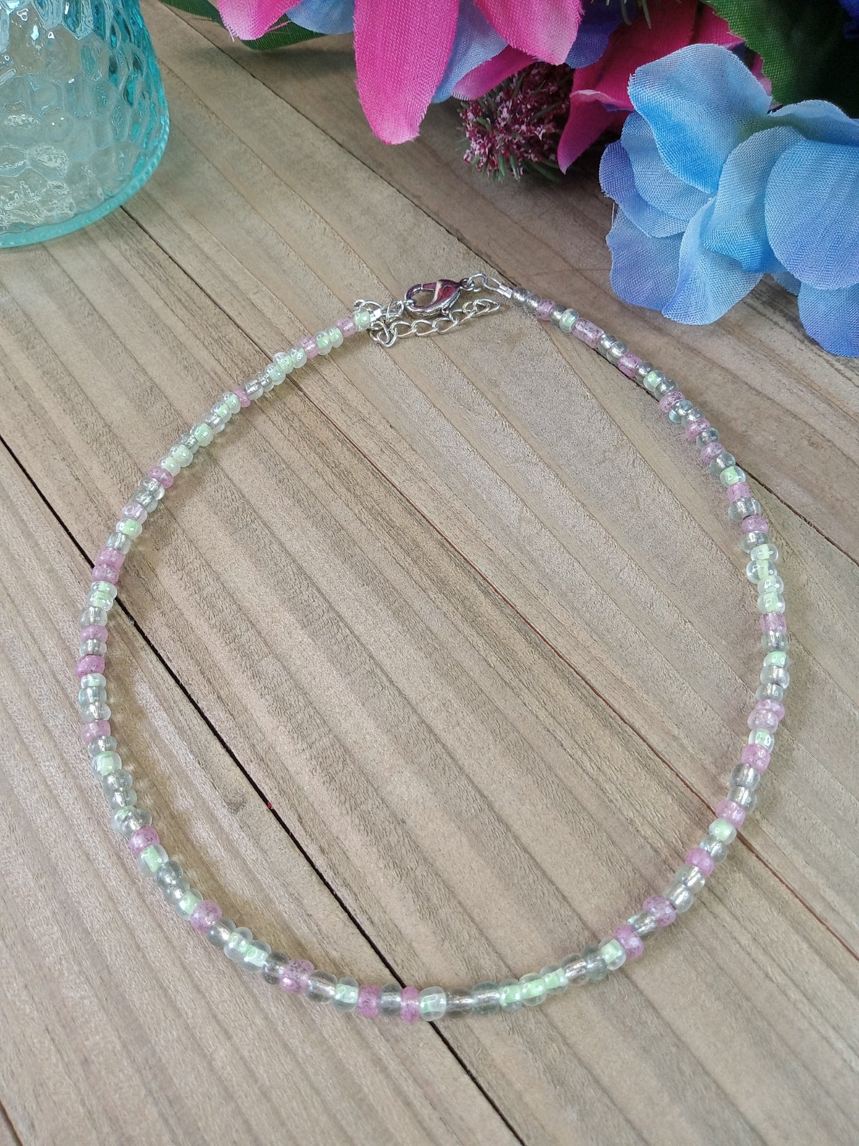 Beaded Choker Necklace - Pink and Mint Green