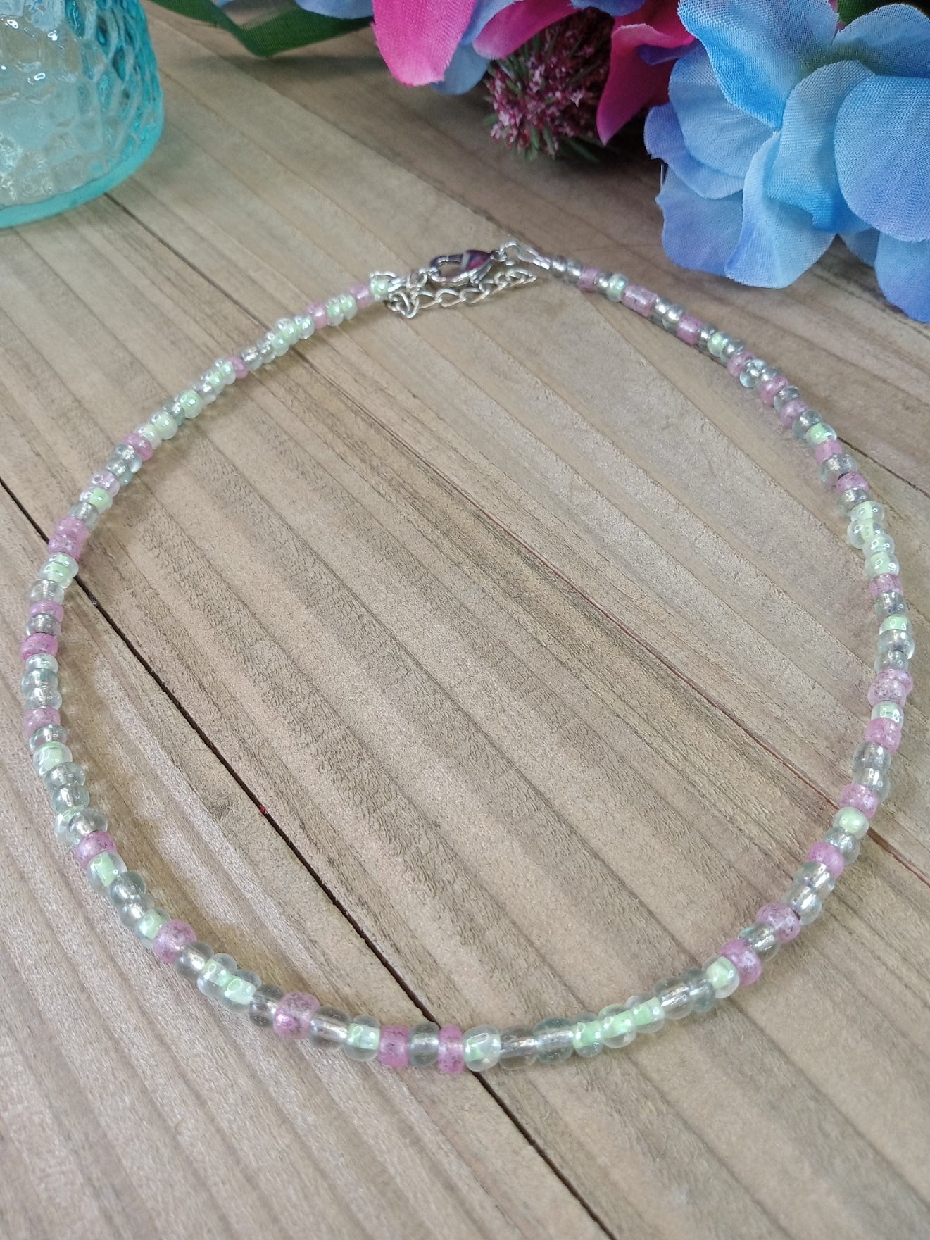 Beaded Choker Necklace - Pink and Mint Green