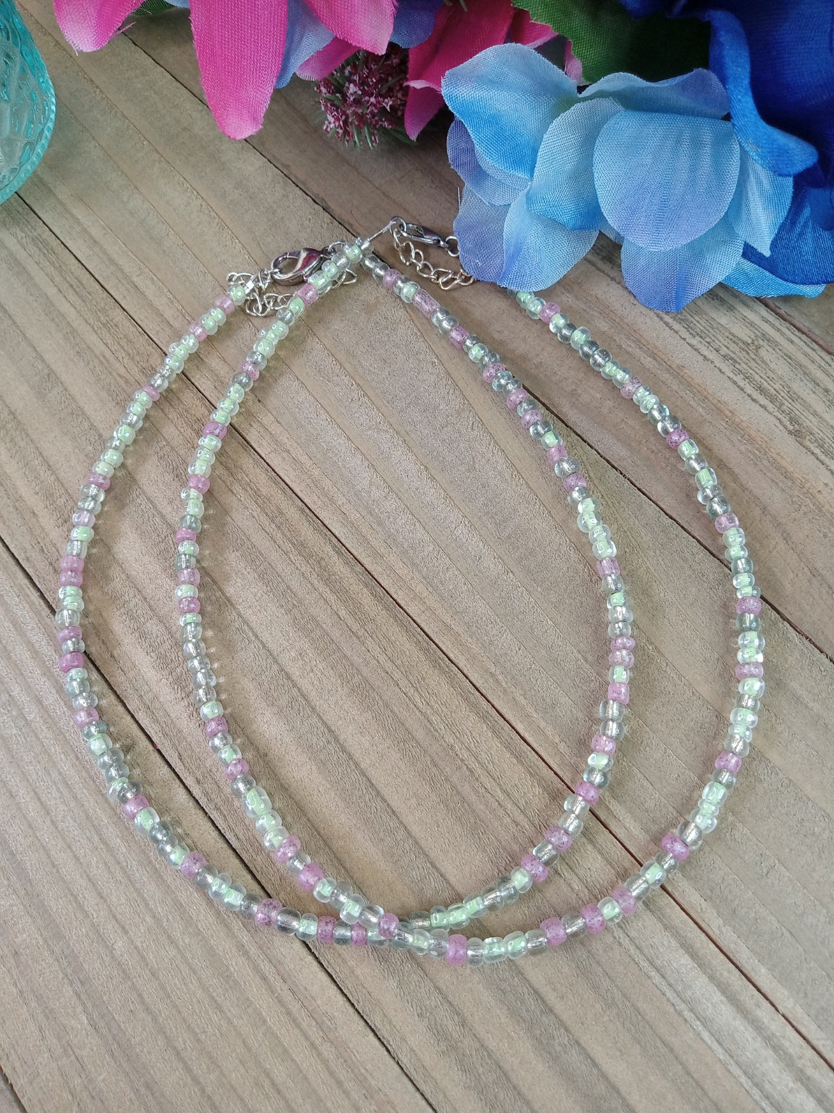 Beaded Choker Necklace - Pink and Mint Green